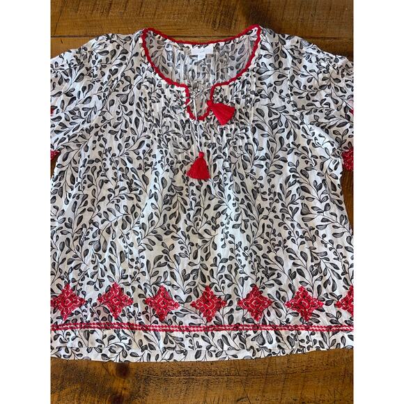 Womens J Jill Black‎ White Red Tassel Embroidered Floral Boho Peasant Top MP - Picture 1 of 9